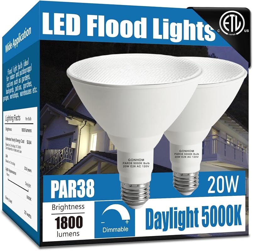10 Best Flood Light for Outdoors: Features & Buyer's Guide 5 Gonhom Par38 LED Flood Light Bulb, Dimmable 1800LM for Outdoor Use, 2 Pack