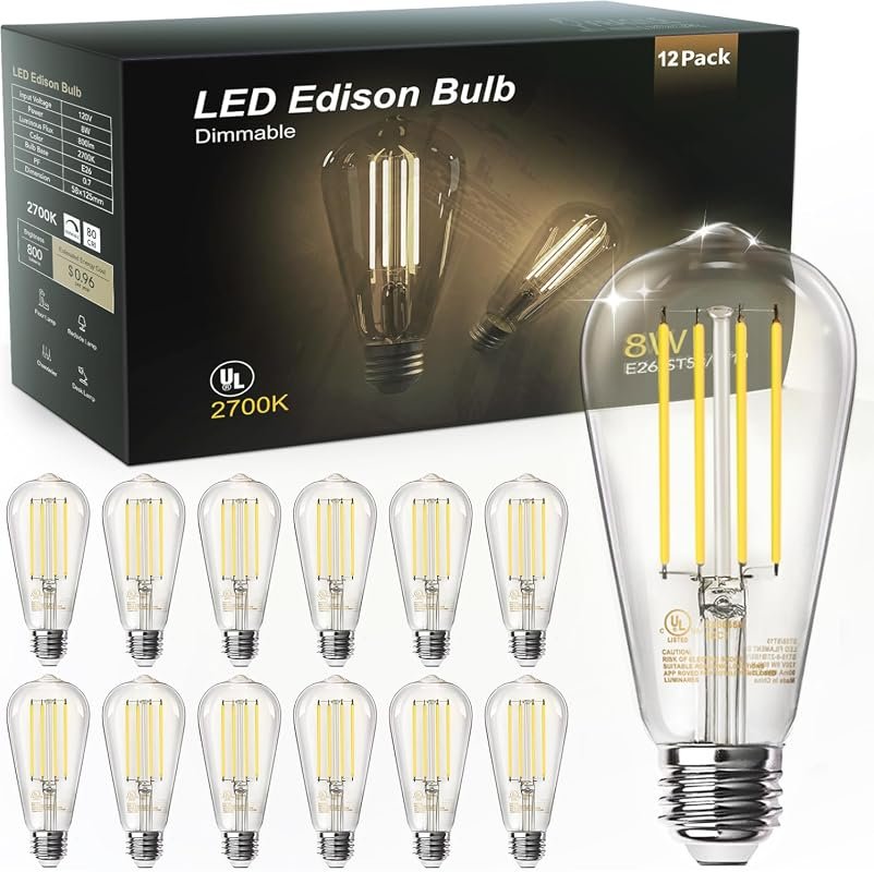 7 Best LED Light Bulbs for Kitchen Worth Buying: Top Picks 7 TJOY 12 Pack Dimmable Edison LED Light Bulbs, E26 Base, 8W 2700K for Warm Lighting