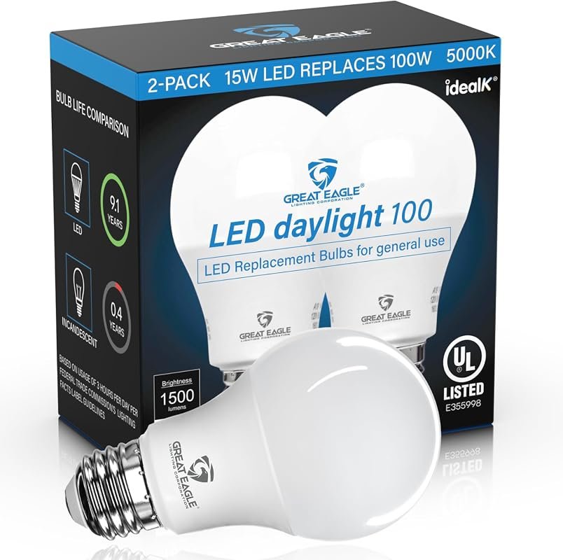 10 Best Light Bulb for Front Porch: Features & Buyer's Guide 8 Great Eagle 100 Watt Equivalent LED Bulbs, 5000K Daylight, Non-Dimmable for Indoor and Outdoor Use