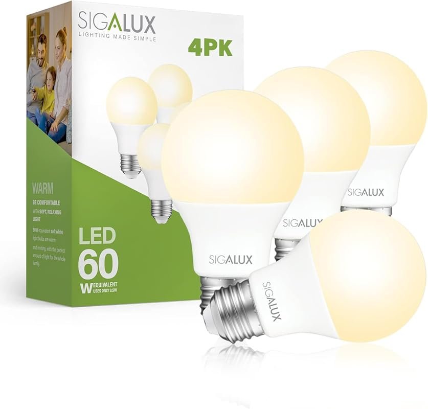 10 Best Type of Light Bulb: Reviews, Features & Buying Guide 8 Sigalux 60W Equivalent A19 LED Light Bulbs, 2700K Warm, Energy Efficient 9.5W, 800 Lumens, 4 Pack