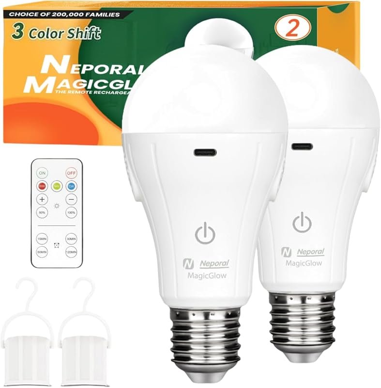 10 Best Rechargeable Light Bulbs for Lamps Compared 4 Neporal MagicGlow Rechargeable Light Bulbs - 3 Color Shifts, Dimmable, USB Rechargeable, A19 LED - 2 Pack