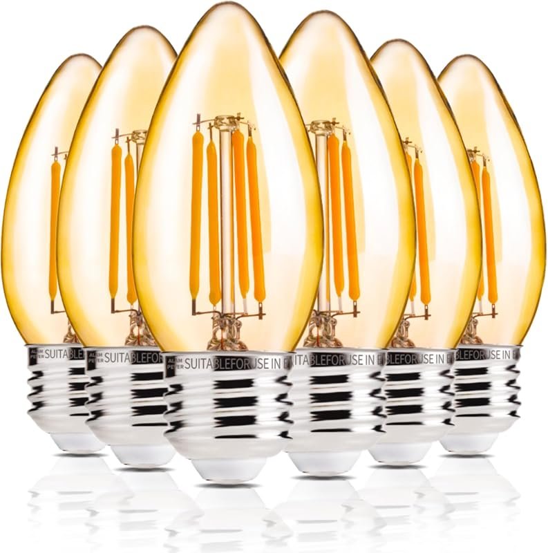 10 Best Light Bulbs for Dining Room: Buyer's Guide 6 ALAMPEVER 6 Pack Dimmable Chandelier Light Bulbs, 40W Equivalent, 330LM Warm White E26 Edison Bulbs