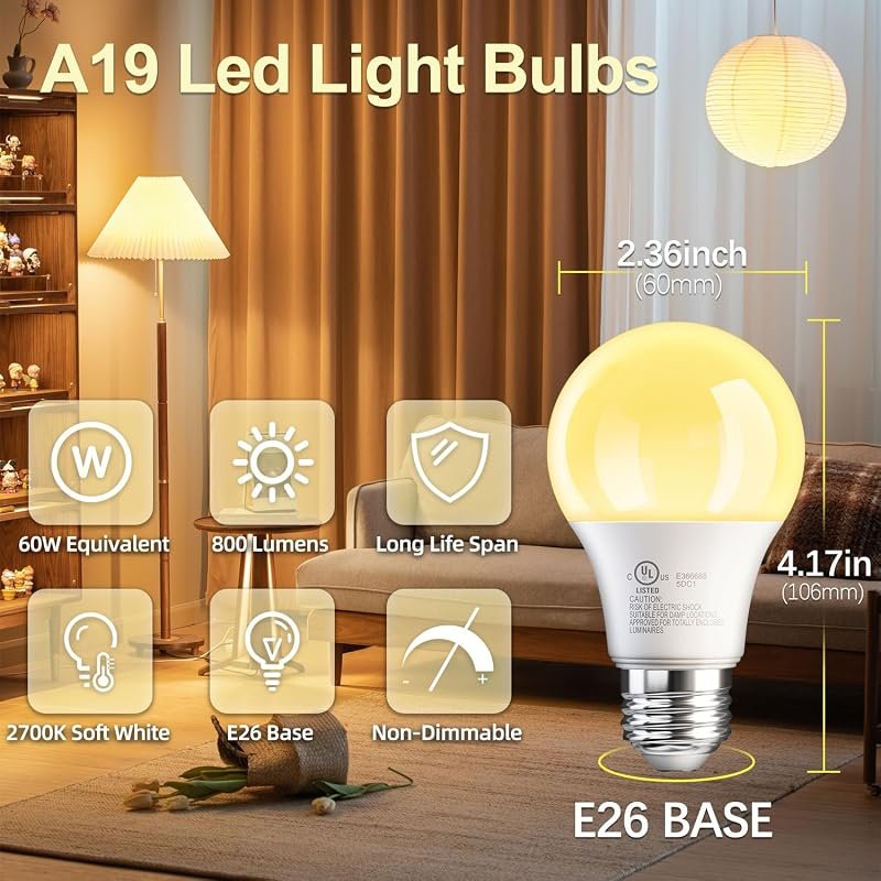 10 Best Light Bulbs for Bedroom: Buyer's Guide & Top Picks 5 TJOY 6 Pack A19 LED Light Bulbs, Soft Warm White 2700K, 60 Watt Equivalent, E26 Base for Comfortable Living