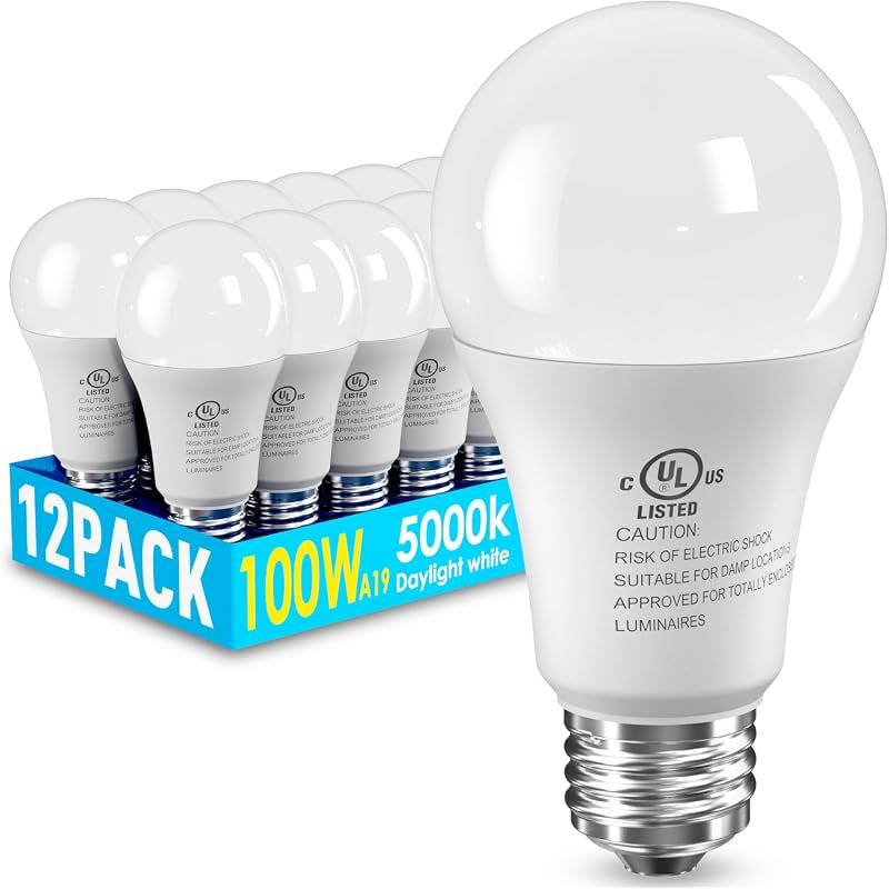 7 Best Energy Efficient Light Bulbs for Home Worth Buying 5 12 Pack LED Light Bulbs, 100 Watt Equivalent, A19 5000K Daylight White for Natural Lighting