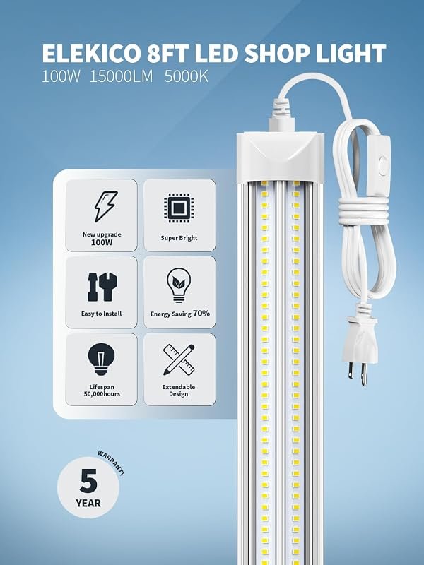 10 Best 8 Foot LED Shop Lights: Features & Buyer's Guide 8 ELEKICO 16 Pack 8' LED Shop Lights, Super Bright 15000LM, 100W for Garage and Workshop