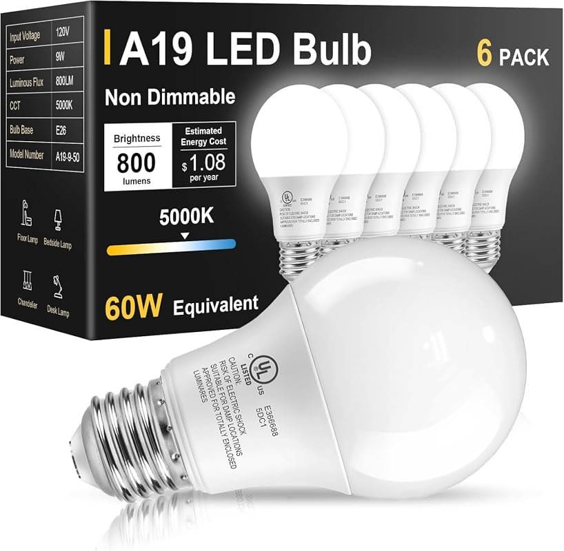 7 Best Energy Efficient Light Bulbs for Home Worth Buying 6 TJOY 6 Pack LED Light Bulbs, 60 Watt Equivalent, Daylight White 5000K A19 for Bright Illumination