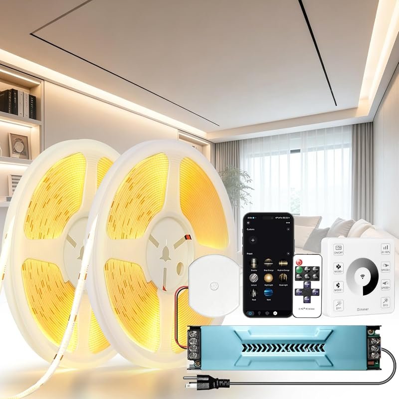 10 Best LED Strip Lights for Ceiling Worth Buying: Top Picks 6 65.6FT 24V COB LED Strip Light Kit, Dimmable Warm White 3000K, Alexa Compatible